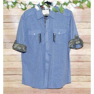 Sovereign Code Men's Blue Chambray Shirt Size M Roll Tab Camo Contrast Cuff
